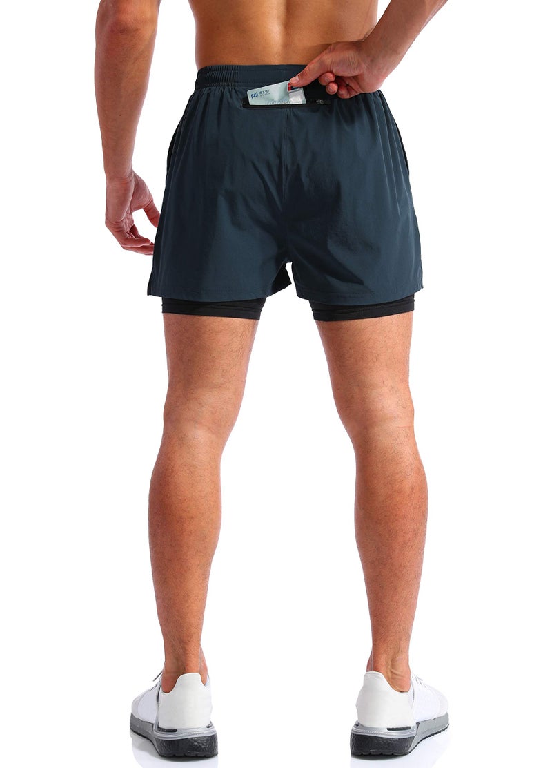 Pudolla Menâ€™s 2 in 1 Running Shorts 5" Quick Dry Gym Athletic Workout Shorts for Men with Phone Pockets(Navy Blue Large) - Image 4